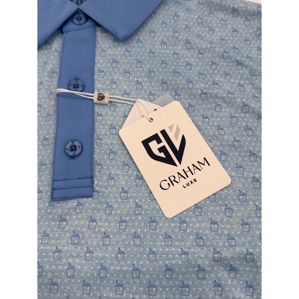 Graham Luxe Odin Mens Blue Champagne Bucket Print Golf Polo Shirt Size M NEW - Picture 4 of 7